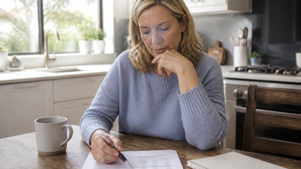 A woman in her fifties sitting at a kitchen table with a printed lab report and a pen, reviewing results in soft morning light