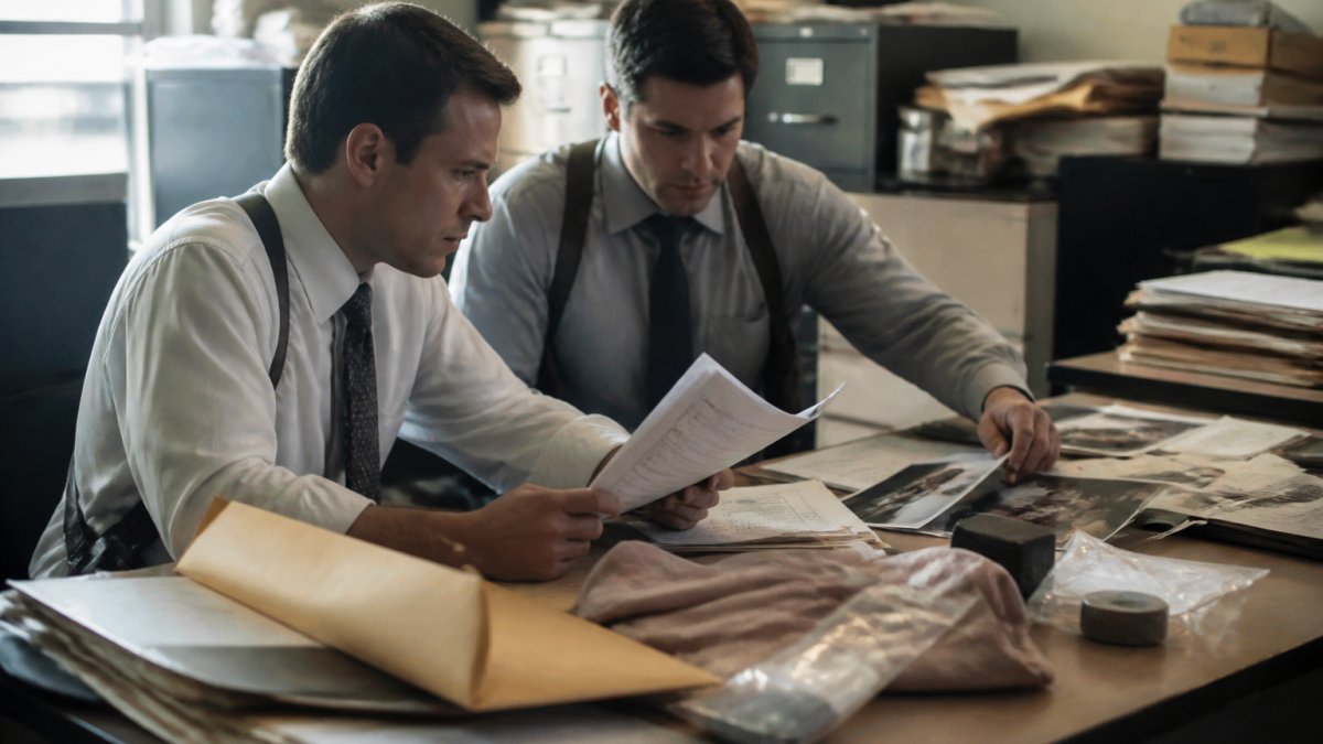 Federal agents reviewing case files for state and federal sex crime charges in a professional office setting