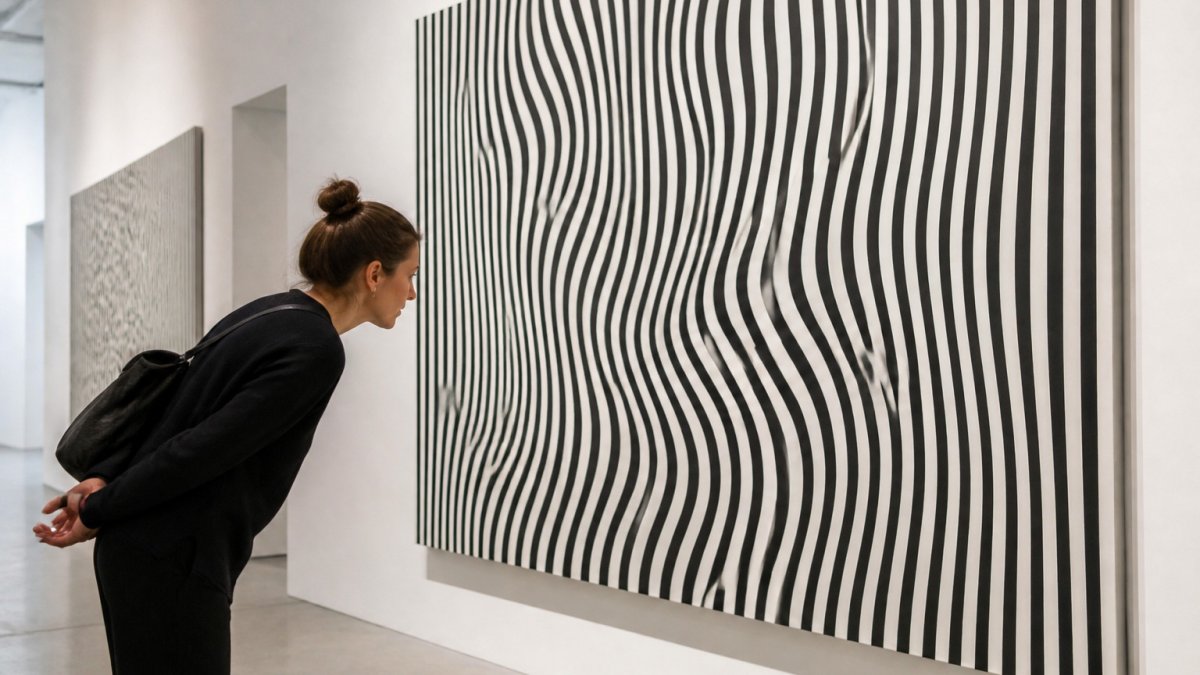 Visitor in a modern gallery examining a large black-and-white striped optical painting that appears to ripple.