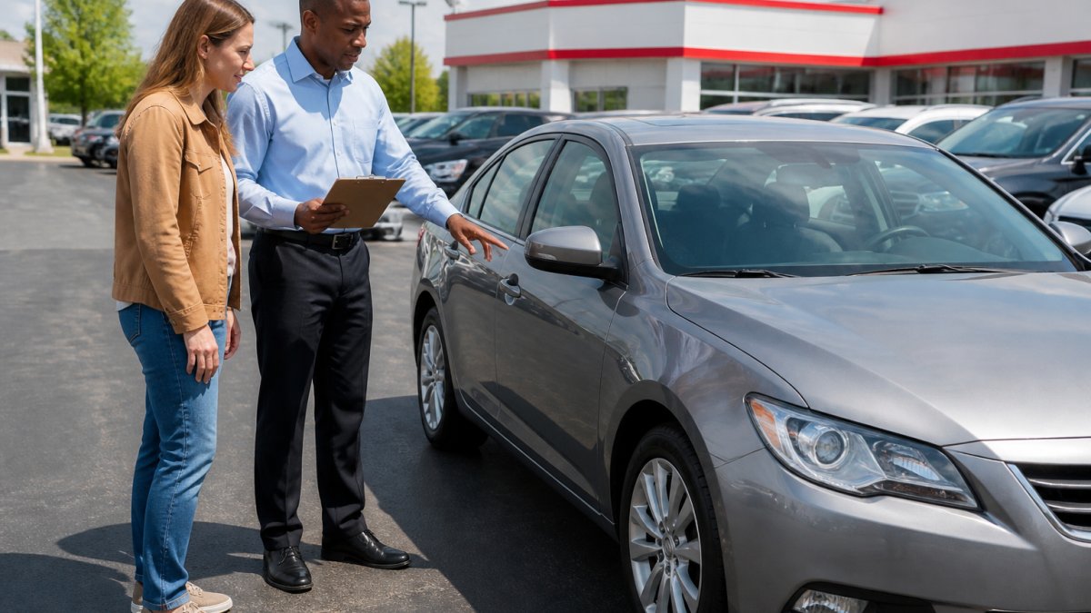 Car owner and appraiser inspecting a sedan during a used car trade-in at a dealership lot