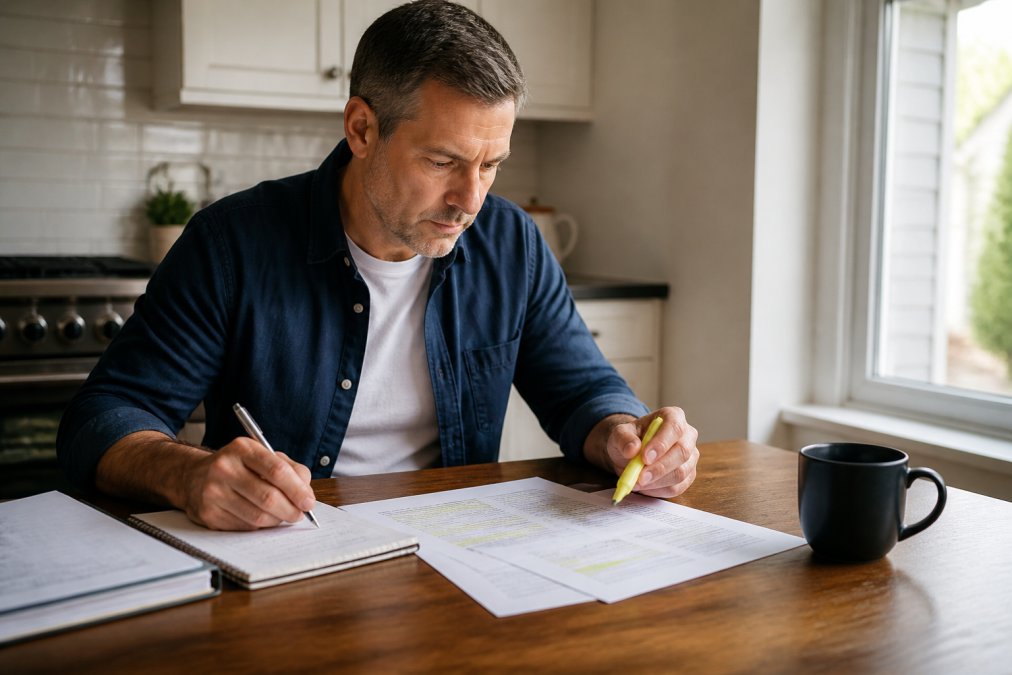 A homeowner at a kitchen table reviewing a printed insurance declarations page with a pen and highlighter, coffee mug nearby, natural window light