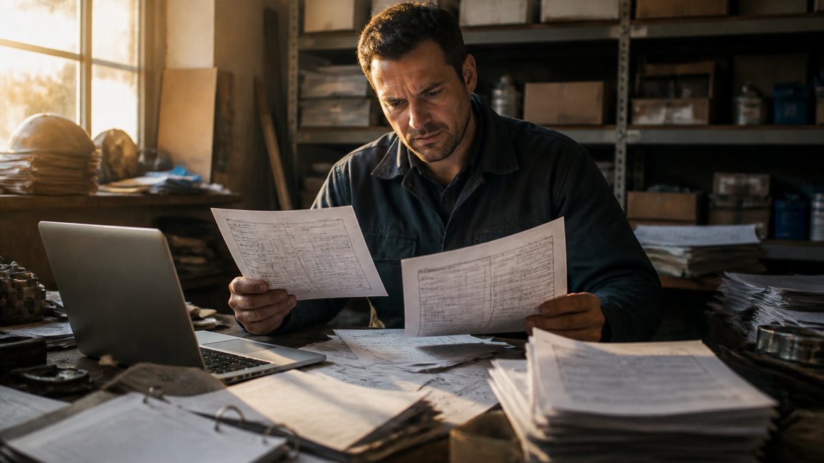 Professional team in modern office reviewing multiple documents and systems on different screens, looking frustrated while scattered papers and data sources surround their workspace with natural overhead lighting