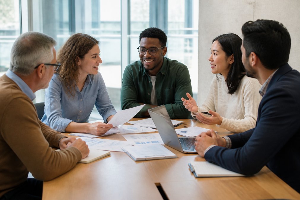 Diverse marketing team gathered around a modern conference table reviewing strategy documents and campaign analytics together, with laptops and whiteboards visible in natural daylight from office windows