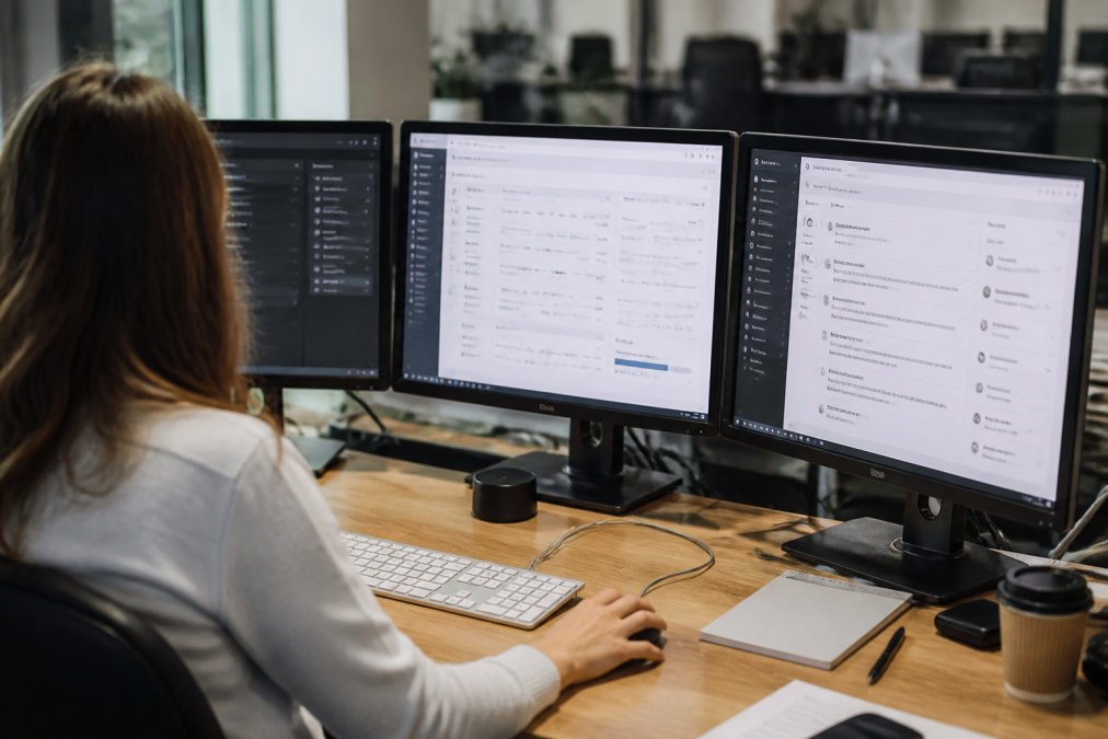 Marketer seated at desk with three monitors displaying marketing automation dashboards, analytics platforms, and customer data interfaces with AI-powered recommendations visible on screen