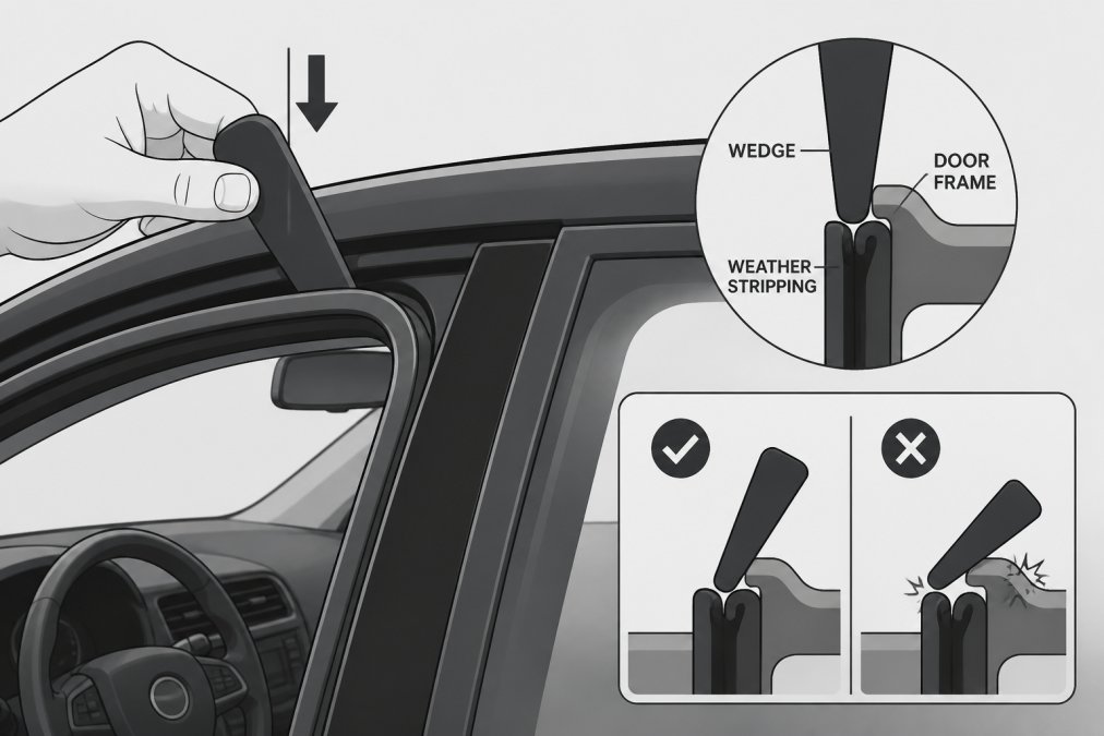 Close-up of a car door frame showing a wedge tool carefully positioned at the top edge, with a hand demonstrating proper placement to create a gap without damaging the weather stripping or door frame