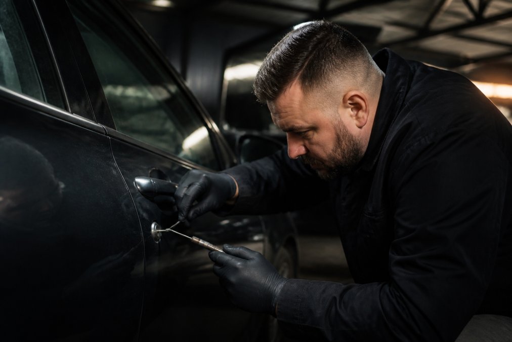 Professional automotive technician using specialized electronic diagnostic equipment and manual tools to unlock a vehicle door, demonstrating careful technique with proper hand positioning and protective measures