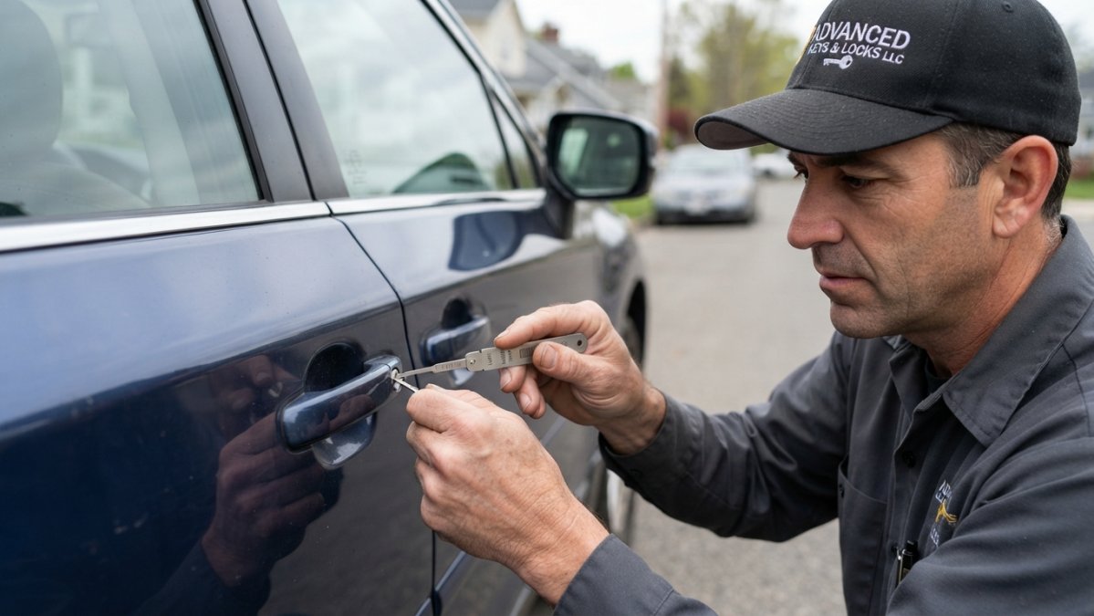 Diagram showing how to unlock a car without a key safely using a slim jim tool with proper hand positioning