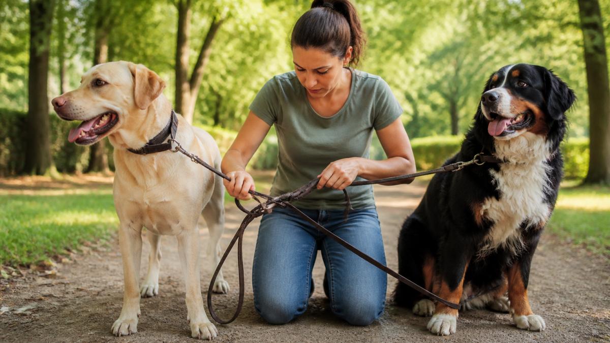 Dog owner calmly holding two dogs' leashes while gently working to separate tangled lines in a park setting with natural sunlight