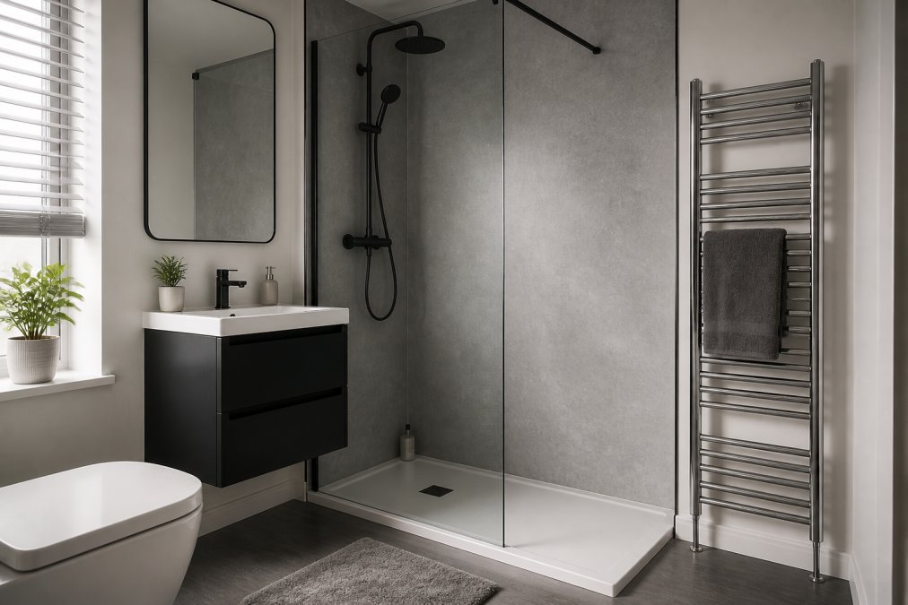 A compact ensuite bathroom with a wall-hung basin unit in matt black, a low-profile walk-in shower with a grey tile-effect wall panel, and a slim chrome ladder towel rail, photographed in soft daylight