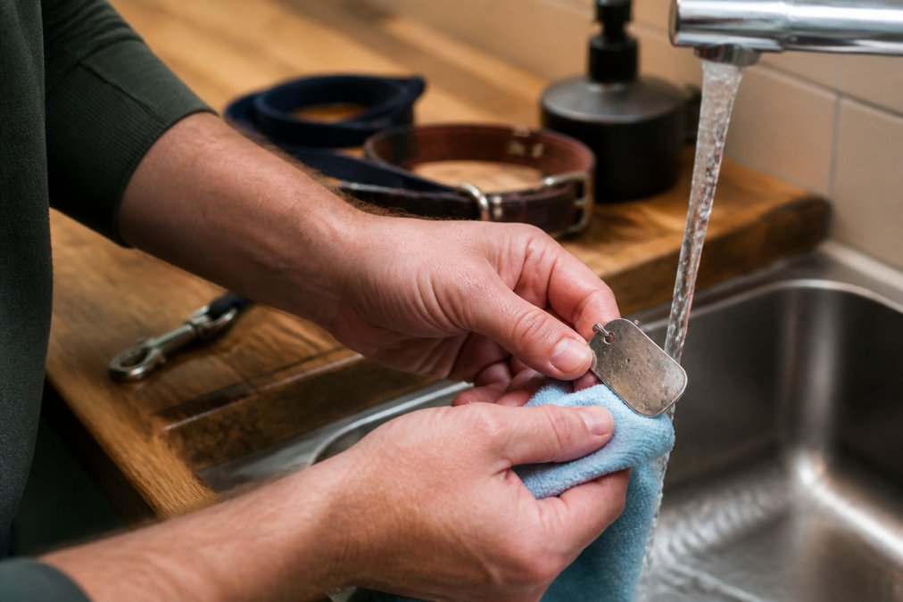 Hands gently cleaning a stainless steel dog tag under a tap to maintain clear dog tag details