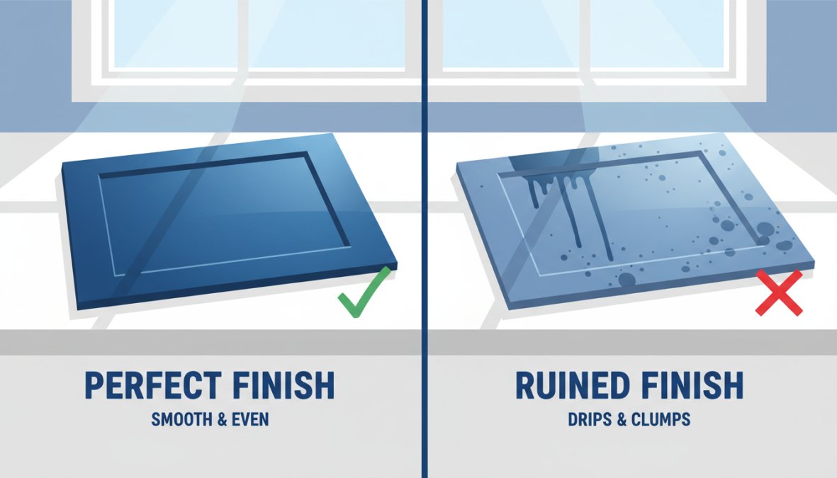 Close-up of two freshly painted kitchen cabinet door panels side by side on a clean surface, one showing a smooth brush-mark-free satin enamel finish and the other showing visible drips and uneven texture, under bright natural window light