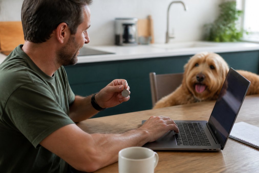 A pet owner sitting at a kitchen table with a laptop open to a council registration portal, holding a stainless steel dog tag in one hand while typing with the other, with a dog resting nearby