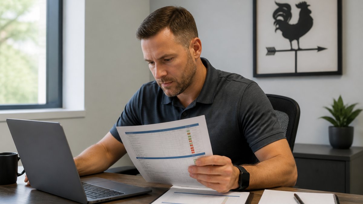 Property manager reviewing data validation report on screen, showing before/after values, audit log entries, and error flags highlighted in a management dashboard