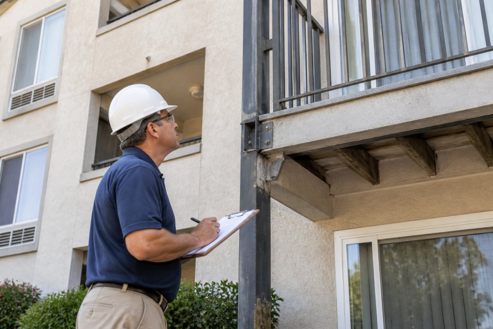 Licensed inspector examining a residential balcony railing and structural connections with clipboard in hand, documenting findings on a multi-unit building exterior
