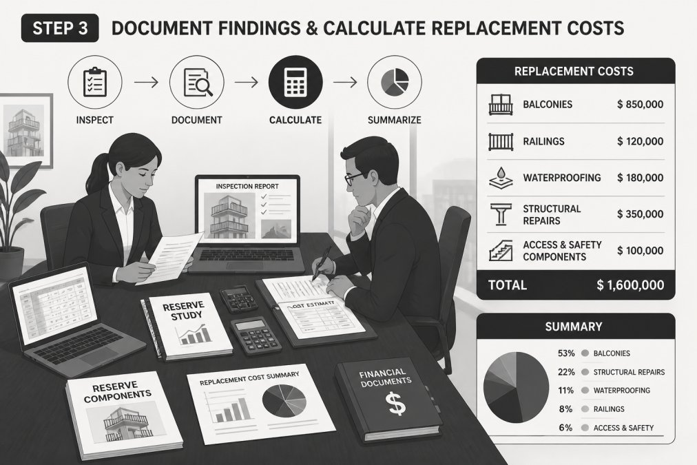 Property manager and board member reviewing inspection reports and financial documents at a conference table with reserve study materials and laptops