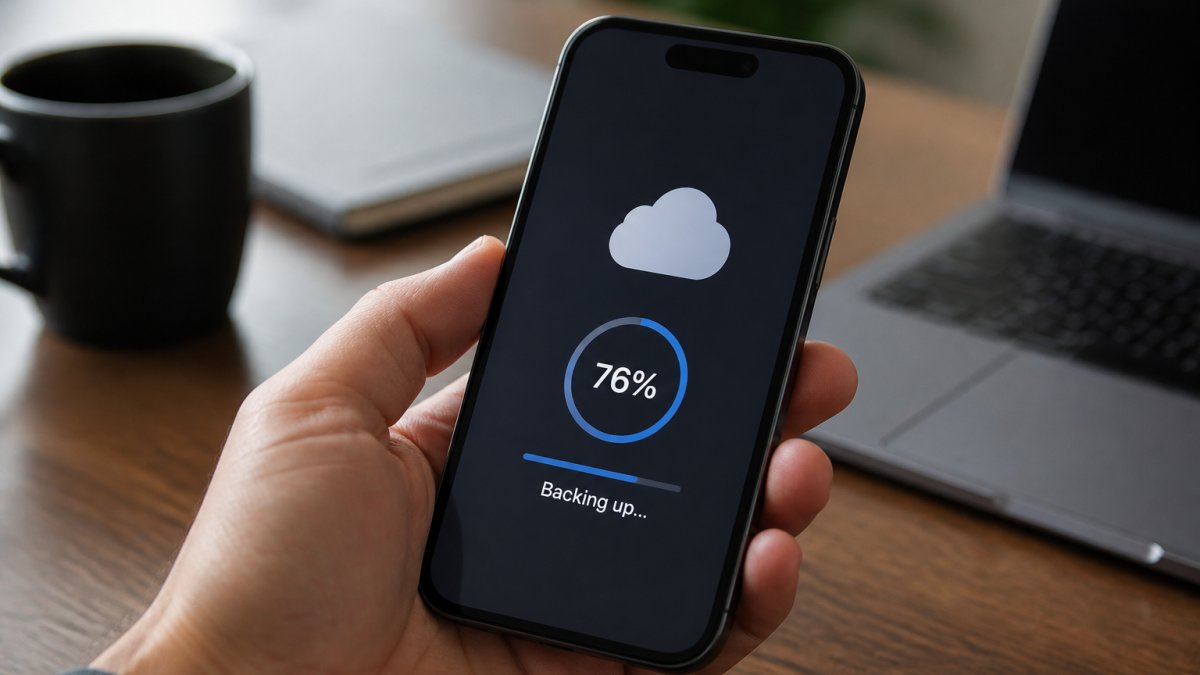 Smartphone screen showing backup progress with cloud storage indicator and completion percentage
