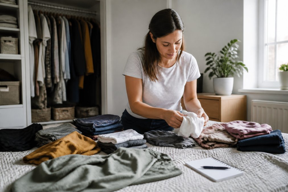 A woman in her thirties sorting clothes into piles on a bed in a bright bedroom, with an open closet behind her and a notepad nearby for tracking items