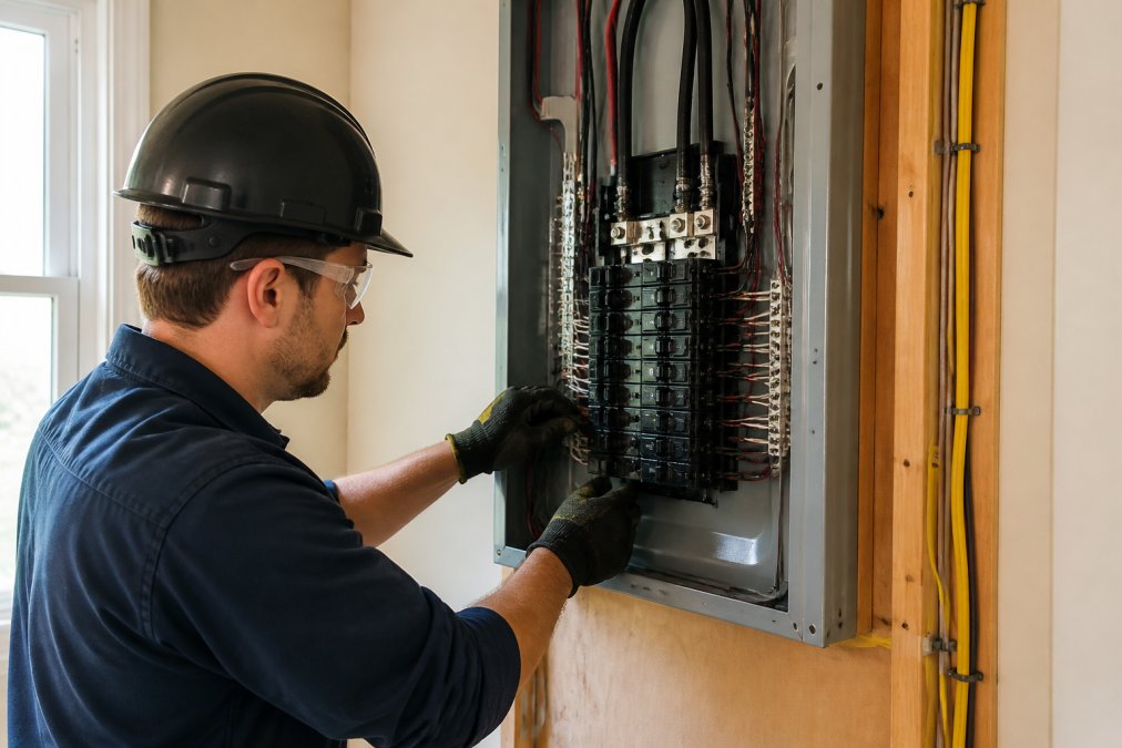 Professional electrician installing new electrical panel with main breaker and circuit breakers visible in residential home interior with proper lighting