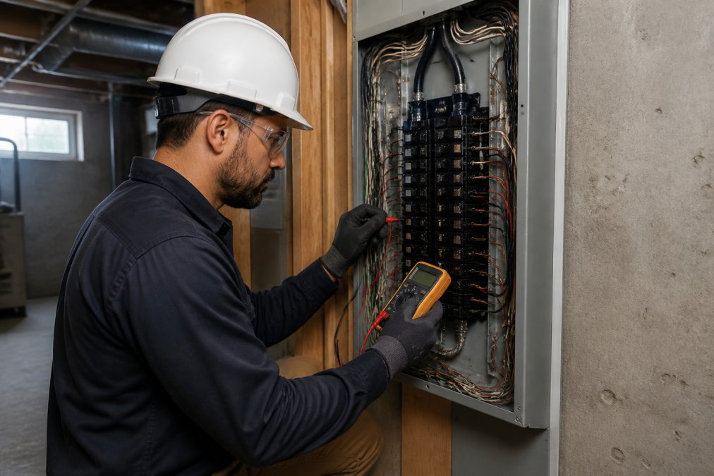 Licensed electrician working on an open electrical panel with multiple breakers visible, wearing safety equipment and using a multimeter to test electrical connections in a residential basement
