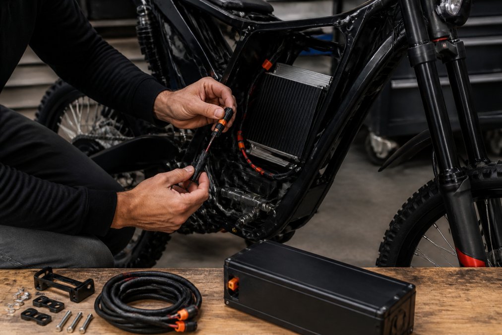 Hands connecting a high-voltage Sur Ron battery and QS8 wiring harness inside the bike frame in a workshop