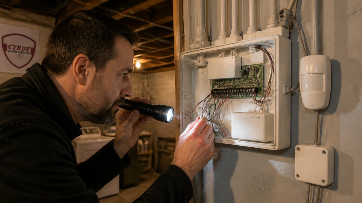 Homeowner using a flashlight to inspect wiring in an aging alarm control panel before deciding to upgrade aging alarms.