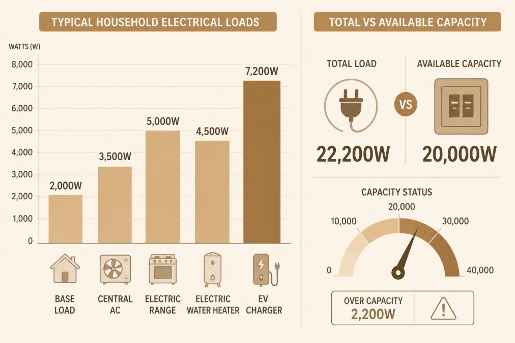 Bar chart comparing typical household electrical loads: base load 2,000W, central AC 3,500W, electric range 5,000W, electric water heater 4,500W, EV charger 7,200W, showing total vs available capacity