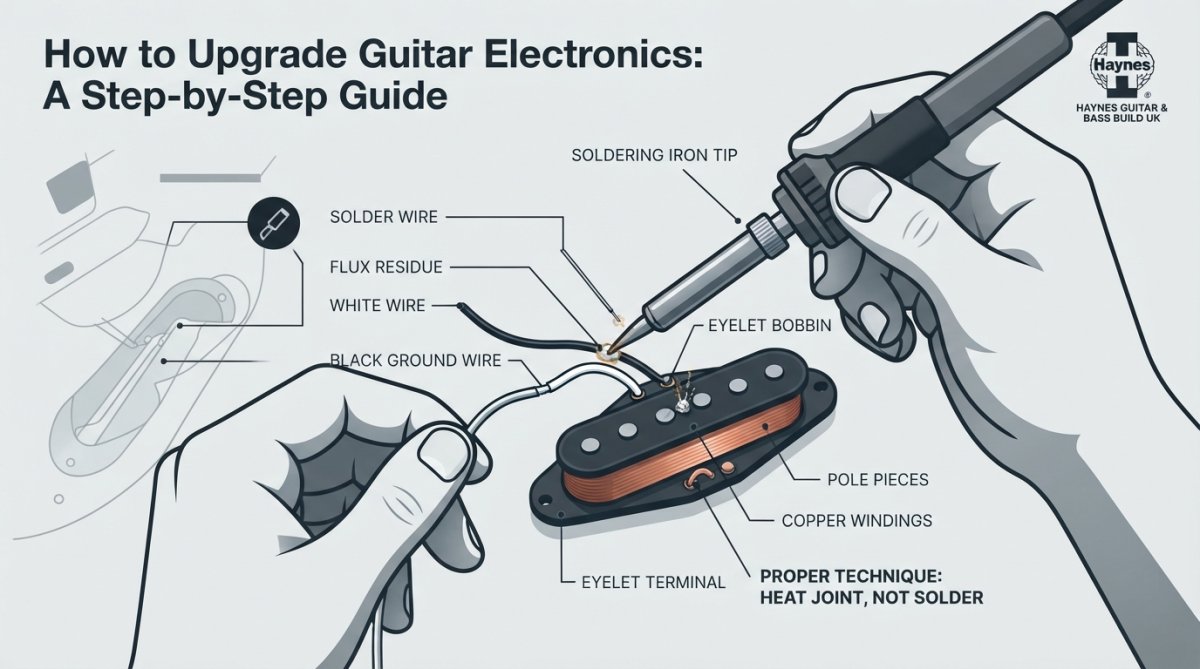 Close-up of hands using a soldering iron to connect wires on a guitar pickup, with solder flowing smoothly and flux visible, showing proper hand positioning and technique