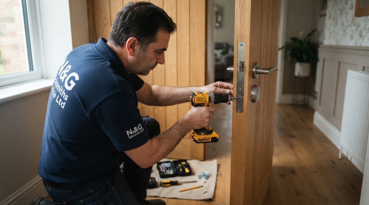 Professional locksmith installing a reinforced deadbolt and strike plate on a wooden front door, using power tools with precision, natural daylight from the side