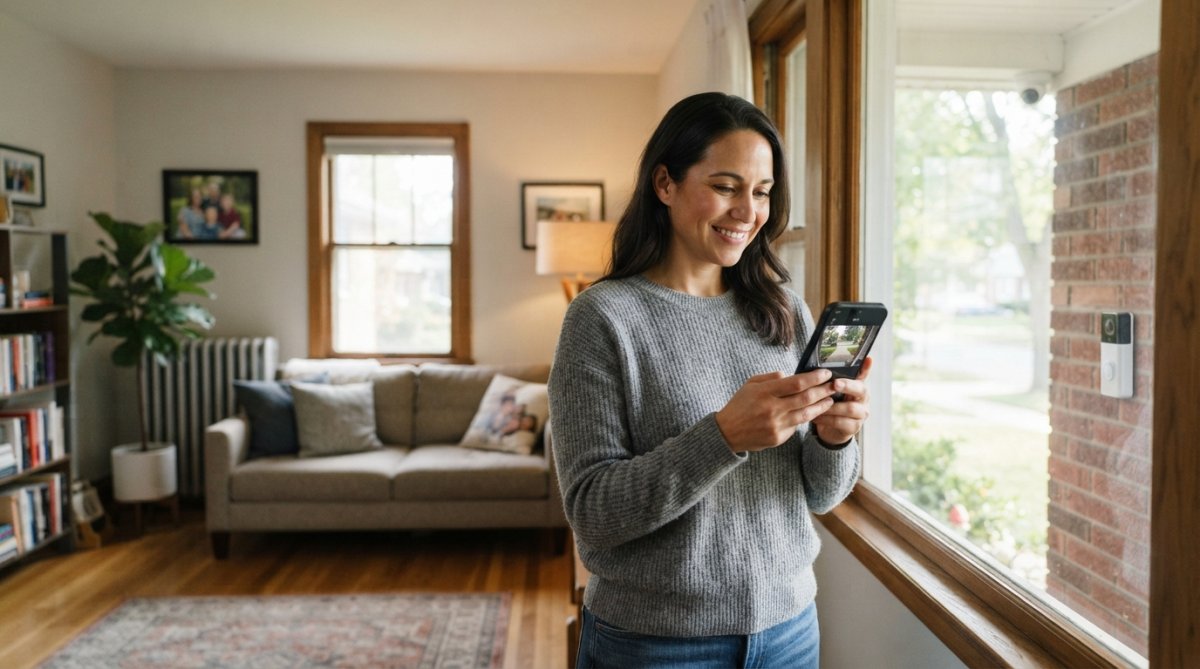 Homeowner viewing real-time security camera feed on a smartphone while standing in their living room, with calm expression and natural window lighting in background