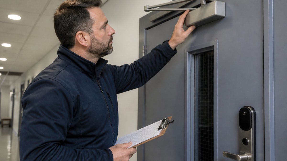 A security technician in work clothes inspecting a commercial door closer and electronic lock on a metal door frame, holding a clipboard with an audit checklist, bright hallway lighting