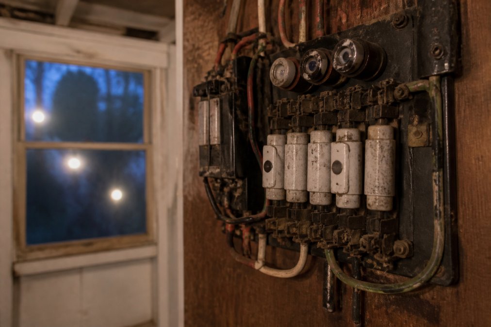 Close-up of older switchboard with ceramic fuses and corrosion, flickering lights visible through window in background