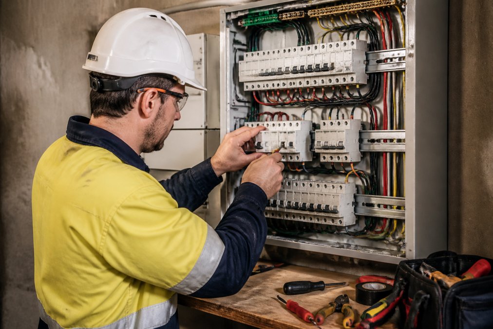 Licensed electrician in safety gear installing modern circuit breakers and safety switches into new switchboard, with tools and equipment on workbench