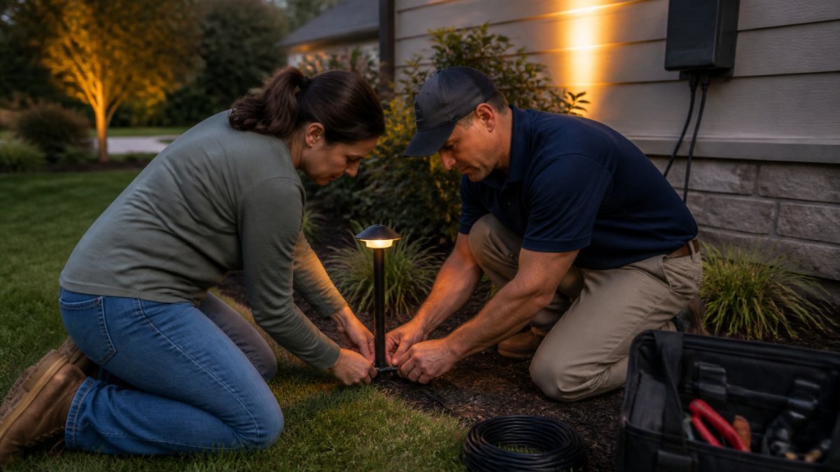 Technician and homeowner installing energy efficient landscape lighting on a lawn at dusk
