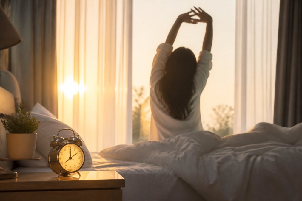 A serene bedroom at dawn with soft natural light filtering through sheer curtains, a sunrise alarm clock glowing gently on the nightstand, and a person peacefully waking up in bed
