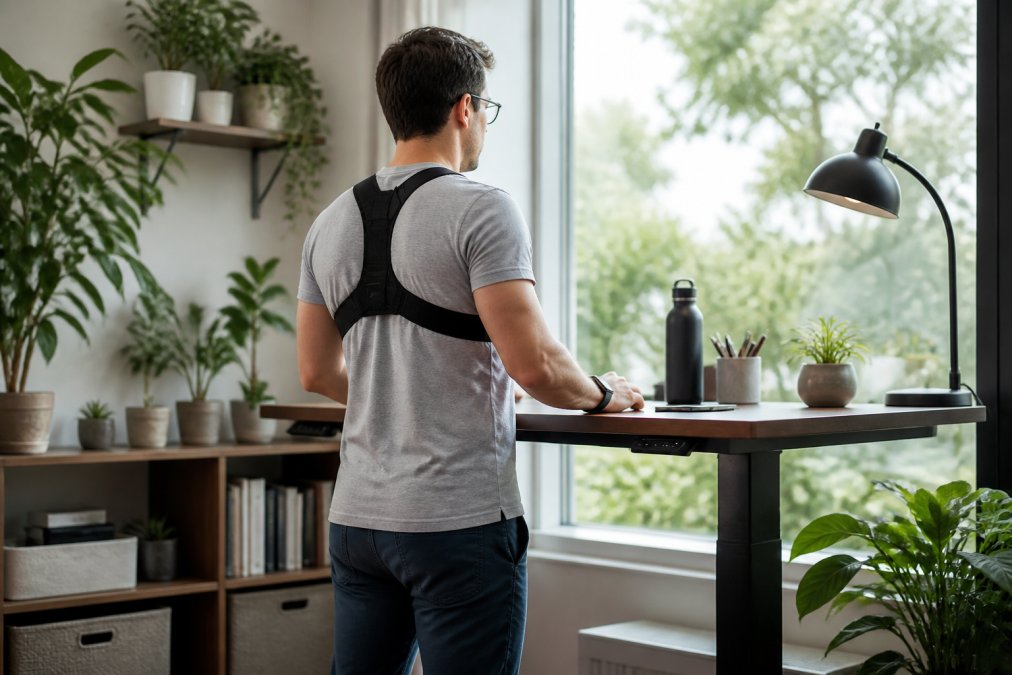 A modern home office setup with an adjustable standing desk, a person with a posture corrector visible on their back, a smart bracelet on their wrist, and organized workspace with natural lighting