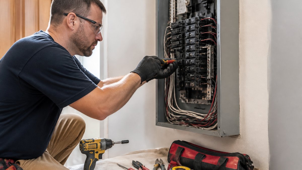 A licensed electrician in safety glasses and gloves working inside an open residential electrical panel, organized breakers and labeled circuits visible, hand tools on a drop cloth nearby, warm workshop lighting