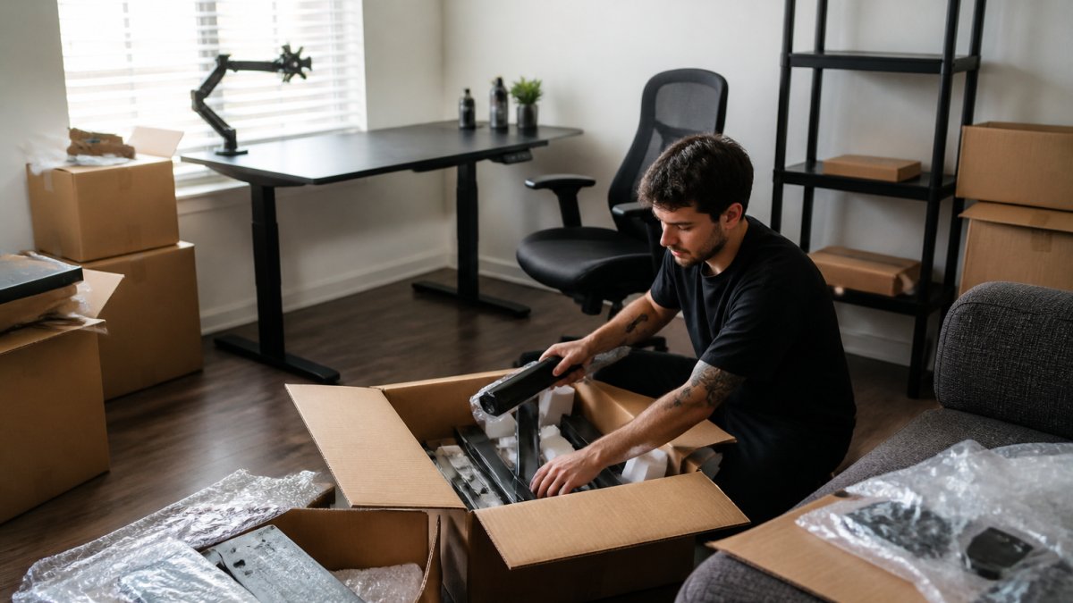 A gamer sitting at a clean gaming desk with a monitor at eye level, keyboard and mouse positioned comfortably, back straight in an ergonomic chair, soft ambient lighting in a home room