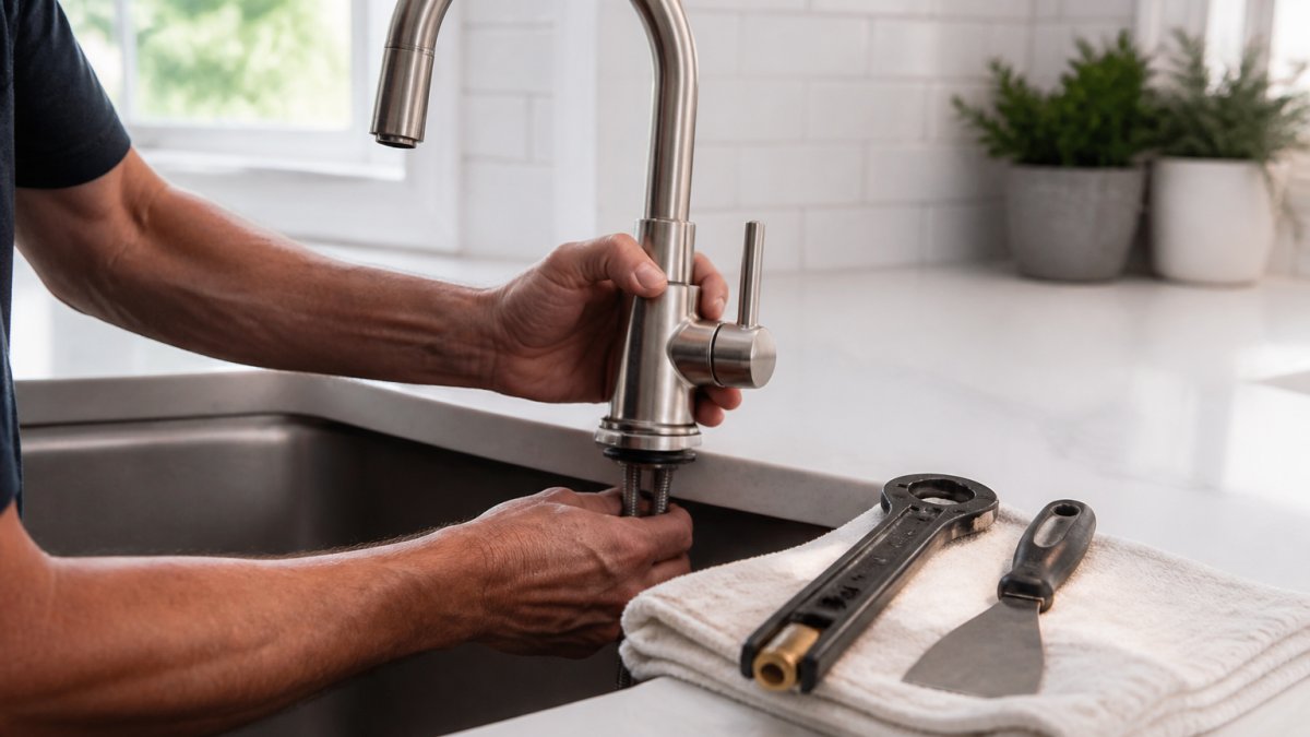 Hands installing a brushed nickel kitchen faucet into a sink deck with tools nearby on a towel