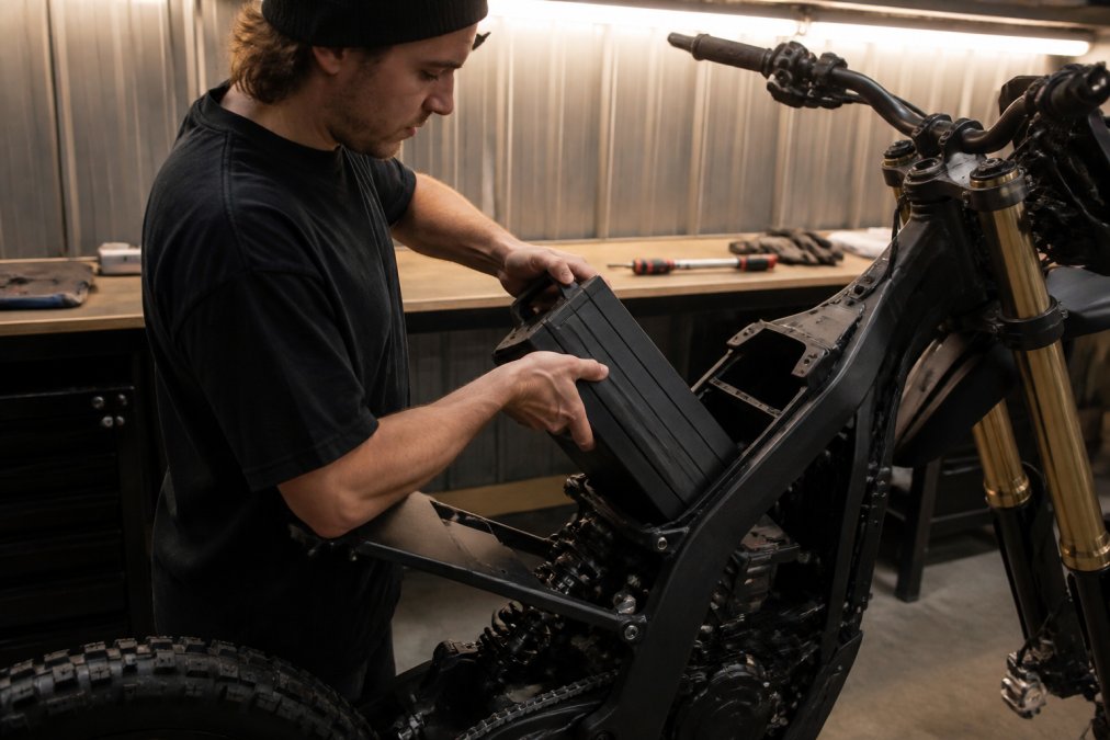 A rider in a garage lifting a Sur Ron battery pack out of the frame, workbench with torque wrench and gloves behind, overhead shop lighting