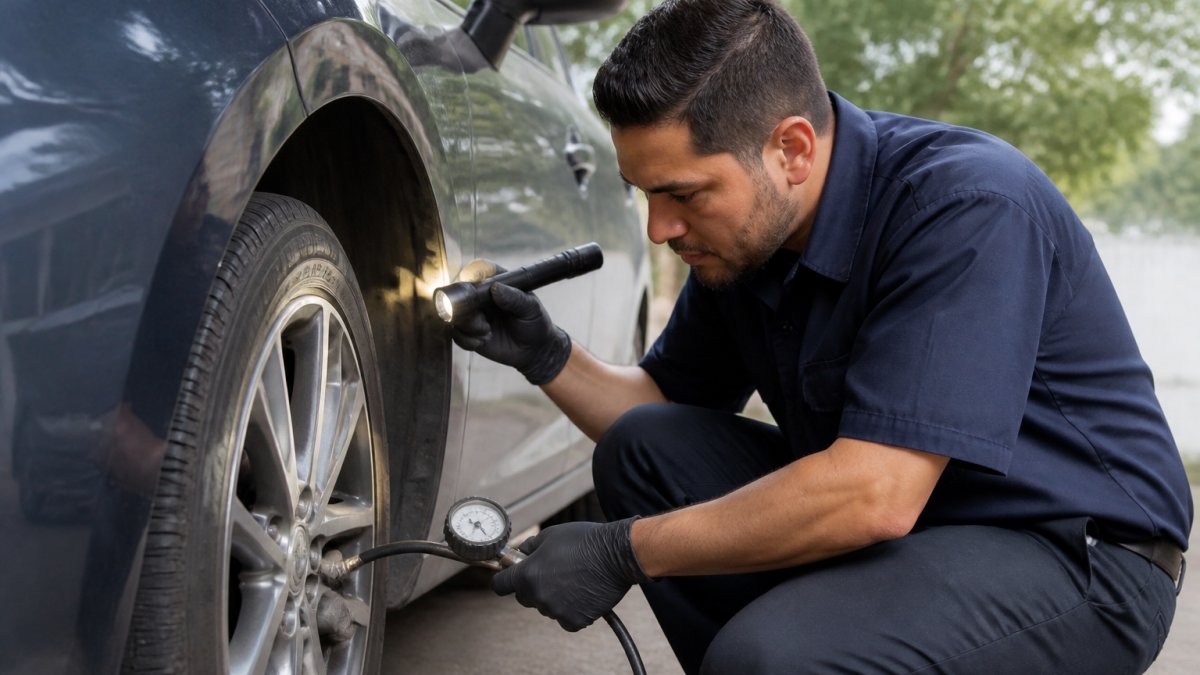 Person inspecting vehicle tires and brake system during routine maintenance check in natural daylight, crouching beside car with tire gauge and flashlight