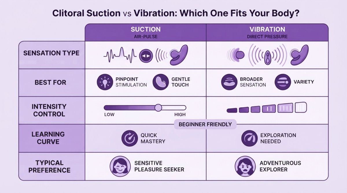 Comparison chart evaluating sensation types, intensity, and user preferences for suction versus vibration devices.
