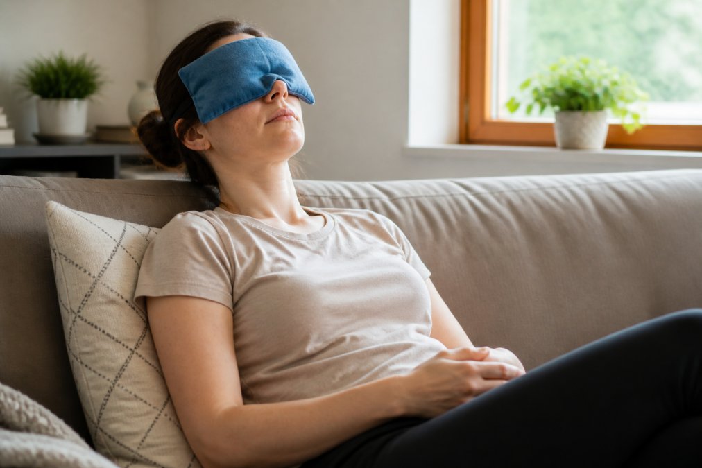 A woman sitting on a couch with a fabric-wrapped cold gel pack placed over her forehead and eyes, hands relaxed in her lap, soft natural light coming from a nearby window in a calm living room