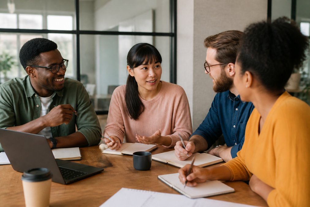 Diverse team discussing communication styles using a DiSC profile chart in a modern meeting room setting