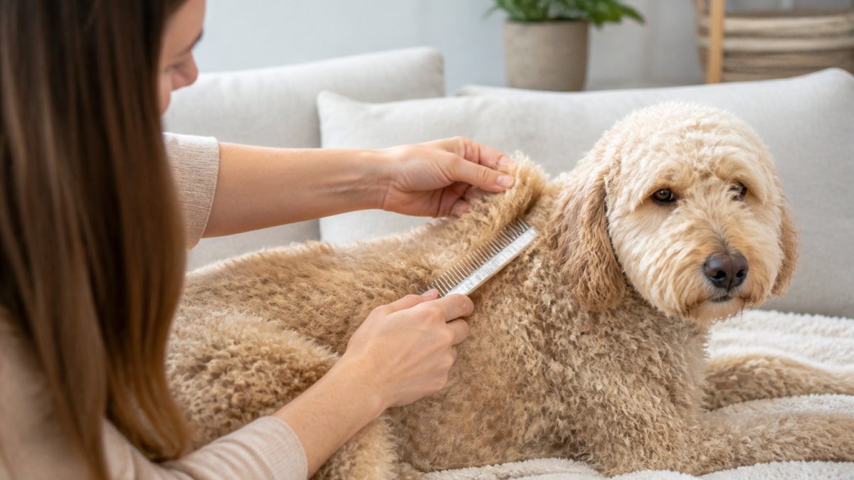 Close-up of a person's hands holding a metal dog grooming comb, parting a section of a fluffy curly-coated dog's fur in layers on a calm dog lying on a soft blanket in a bright home setting