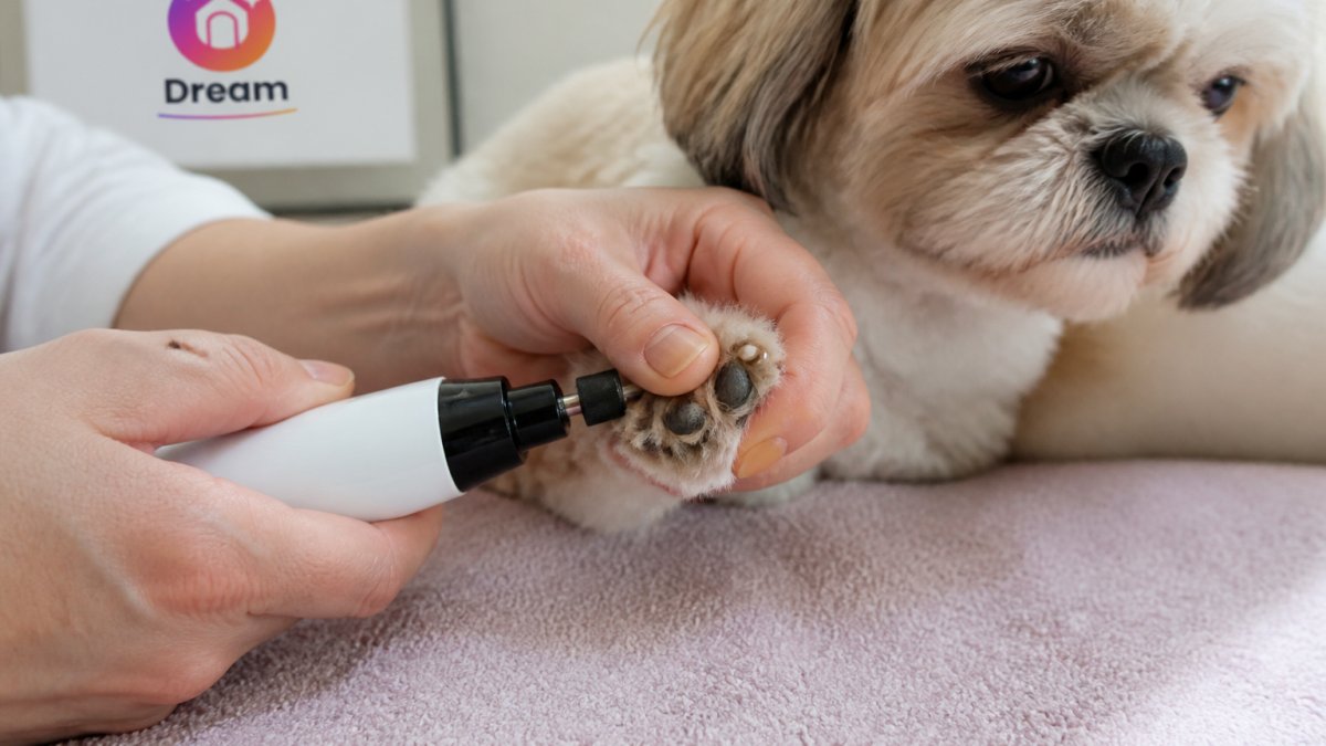 Close-up of hands holding a small dog's paw steady while using an electric nail grinder, showing proper finger positioning and paw support on a soft mat with natural lighting