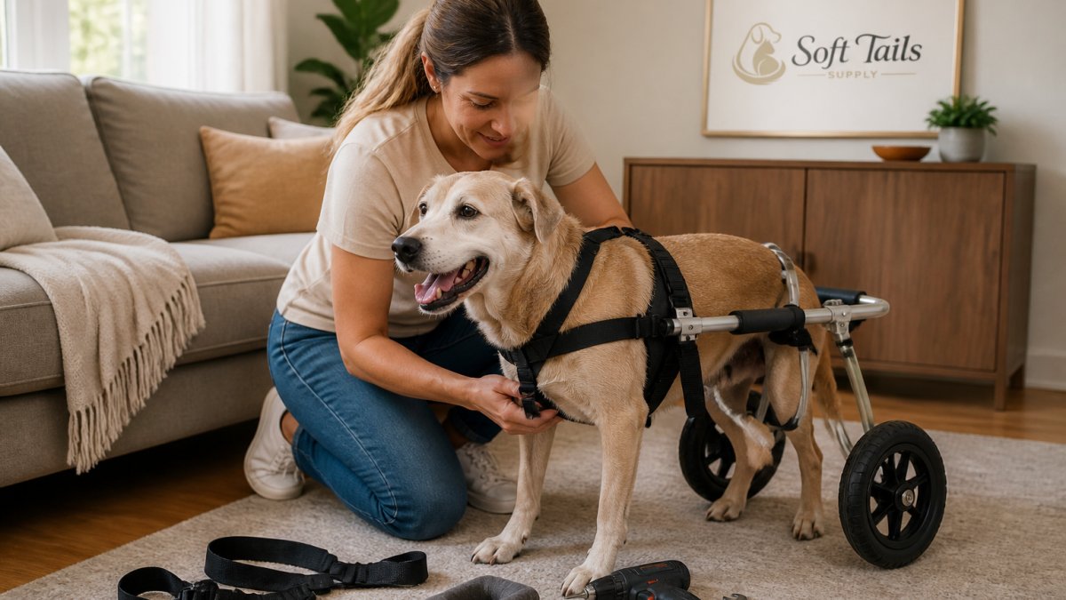 A pet owner kneeling on a living room floor gently lifting a senior dog into a rear-support dog wheelchair, with the dog's hind legs settled in the leg rings and the front harness clipped in place