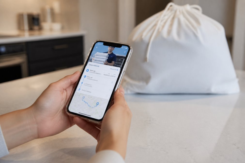 Person's hands holding a smartphone with a laundry pickup app interface displayed on screen, showing order scheduling and tracking features, with a white laundry bag visible in the blurred background on a clean kitchen counter