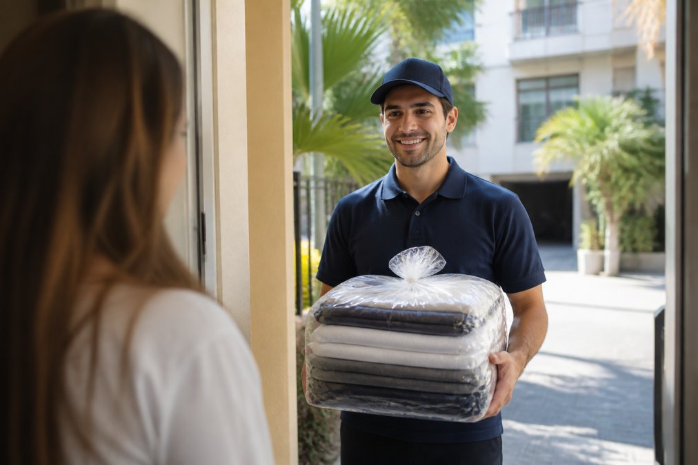 Professional delivery driver in clean uniform holding a neatly packaged and folded laundry bag at a residential doorstep during bright morning light, with a residential building entrance visible in the background
