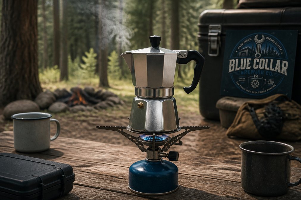 Moka pot actively brewing on a portable camping stove with visible steam rising from the upper chamber, showing the pot's three-chamber design and flame beneath it in an outdoor campsite setting