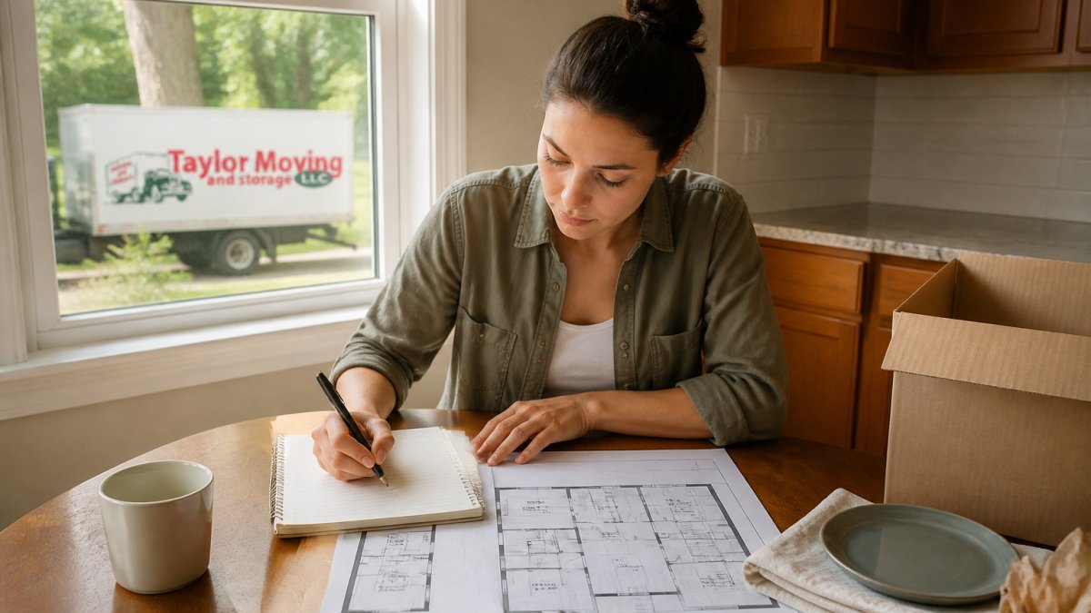 Homeowner reviewing apartment floor plan and taking inventory notes at a kitchen table with notebook and pen, natural lighting from window